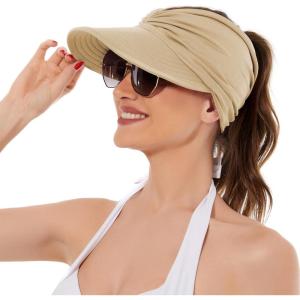 imageSun Hats for Women UV Protection Sun Visor Wide Brim Summer Hats with PonytailBeige