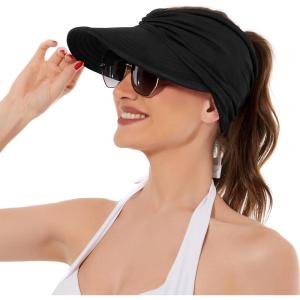 imageSun Hats for Women UV Protection Sun Visor Wide Brim Summer Hats with PonytailBlack