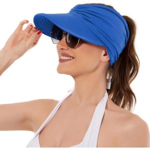 imageSun Hats for Women UV Protection Sun Visor Wide Brim Summer Hats with PonytailBlue