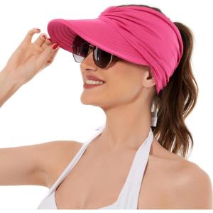 imageSun Hats for Women UV Protection Sun Visor Wide Brim Summer Hats with PonytailRose Red