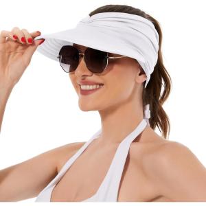 imageSun Hats for Women UV Protection Sun Visor Wide Brim Summer Hats with PonytailWhite