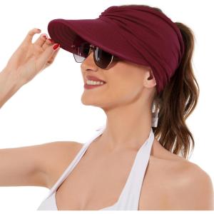 imageSun Hats for Women UV Protection Sun Visor Wide Brim Summer Hats with PonytailWine Red
