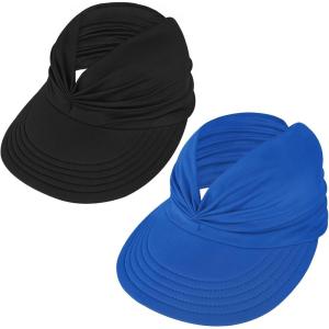 imageSun Hats for Women UV Protection Sun Visor Wide Brim Summer Hats with PonytailZ Black  Blue
