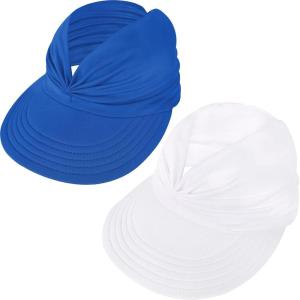 imageSun Hats for Women UV Protection Sun Visor Wide Brim Summer Hats with PonytailZ White  Bule