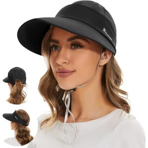 imageSun Hats for Women UV Protection Wide Brim 2 in 1 ZipOff Visor Summer Beach Hat Womens Packable Golf HatBlack