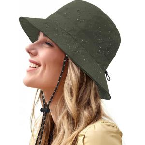 imageWaterproof Bucket Hat for Women Men Rain Hat Wide Brim Packable Sun Hat UV Protection Summer Beach Fishing Hiking Safari HatArmy Green