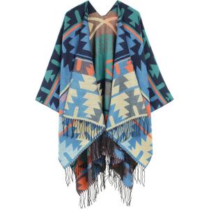 imageWomens Blanket Shawls Wraps Winter Printed Open Front Poncho Cape Plaid Shawls for WomenSeries 54blue