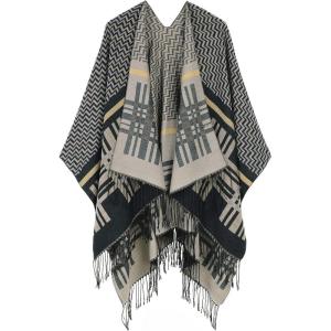 imageWomens Blanket Shawls Wraps Winter Printed Open Front Poncho Cape Plaid Shawls for WomenSeries 57black Grey