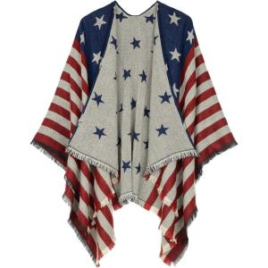imageWomens Blanket Shawls Wraps Winter Printed Open Front Poncho Cape Plaid Shawls for WomenX American Flag