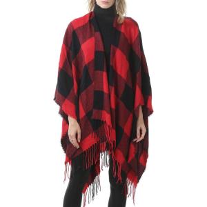 imageWomens Blanket Shawls Wraps Winter Printed Open Front Poncho Cape Plaid Shawls for WomenY Buffalo Red