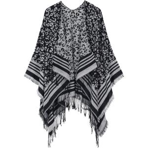 imageWomens Blanket Shawls Wraps Winter Printed Open Front Poncho Cape Plaid Shawls for WomenY Grey Leopard
