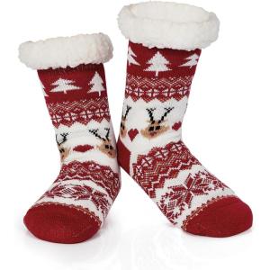 imageAmerican Trends Christmas Slipper Socks Women Fuzzy Socks Gripper Non Slip Womens Warm Cozy Socks AthleticRed Fawn