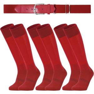 imageAmerican Trends Baseball Socks and Belt Combo Set for Youth Adult 3 Football Baseball Socks with Baseball BeltRed