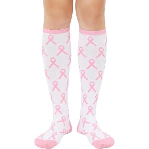 imageKnee High Socks Athletic Women Tube for Teen Girl Cosplay 1 Pack One Size1 Pack White  Pink Ribbon