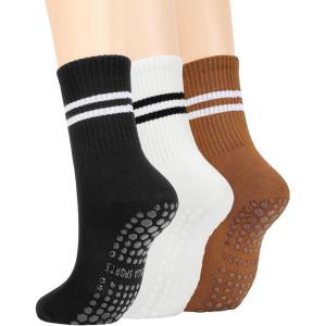 imageAmerican Trends Pilates Socks with Grips for Women Yoga Socks Barre Socks Non Slip Socks3 Pairsblack White Brown