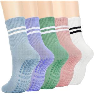imageAmerican Trends Pilates Socks with Grips for Women Yoga Socks Barre Socks Non Slip Socks5 Pairslight Blue Light Purple Light Green Pink White