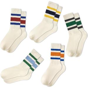 imageAmerican Trends Womens Striped Socks Retro Crew Socks Women Slouchy Athletic Calf Tube Socks5pack Blackgreenblackyellowblueredbluegreenblueorange