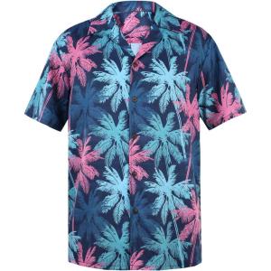 imageHawaiian Shirt for Men Button Down Short Sleeve Casual Beach Shirt Summer Wear Stylish Tropical Print Shirts1 Pink Blue Palm Leaf