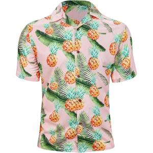 imageHawaiian Shirt for Men Button Down Short Sleeve Casual Beach Shirt Summer Wear Stylish Tropical Print Shirts2 Pink With Pineapple