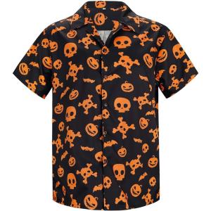 imageHawaiian Shirt for Men Button Down Short Sleeve Casual Beach Shirt Summer Wear Stylish Tropical Print Shirts5 Pumpkin Skull