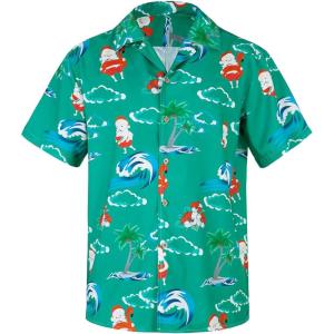 imageHawaiian Shirt for Men Button Down Short Sleeve Casual Beach Shirt Summer Wear Stylish Tropical Print Shirts6 Christmas Green