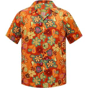 imageHawaiian Shirt for Men Button Down Short Sleeve Casual Beach Shirt Summer Wear Stylish Tropical Print Shirts70s Orange Flower