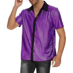 imageMens 70S Disco Outfits Sequin Shirt Short Sleeve Button Down Shirts Party Novelty Shirts Nightclub Christmas Prom CostumeDark Purple