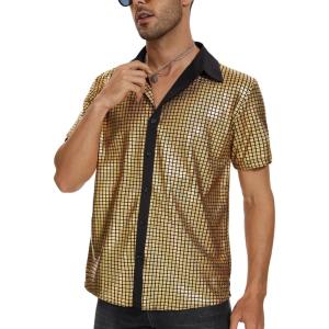 imageMens 70S Disco Outfits Sequin Shirt Short Sleeve Button Down Shirts Party Novelty Shirts Nightclub Christmas Prom CostumeGold