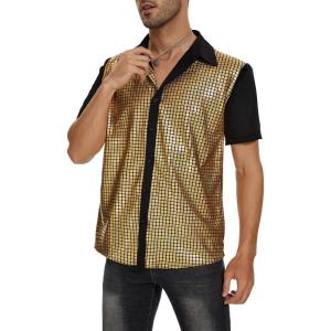 imageMens 70S Disco Outfits Sequin Shirt Short Sleeve Button Down Shirts Party Novelty Shirts Nightclub Christmas Prom CostumeGold Lattice