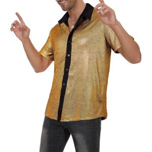 imageMens 70S Disco Outfits Sequin Shirt Short Sleeve Button Down Shirts Party Novelty Shirts Nightclub Christmas Prom CostumeGold2