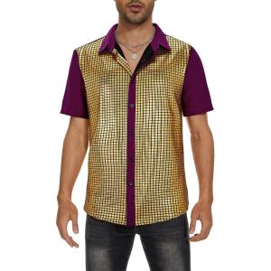 imageMens 70S Disco Outfits Sequin Shirt Short Sleeve Button Down Shirts Party Novelty Shirts Nightclub Christmas Prom CostumeMardi Gras