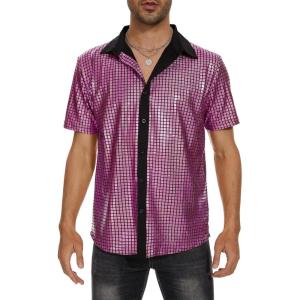 imageMens 70S Disco Outfits Sequin Shirt Short Sleeve Button Down Shirts Party Novelty Shirts Nightclub Christmas Prom CostumePurple