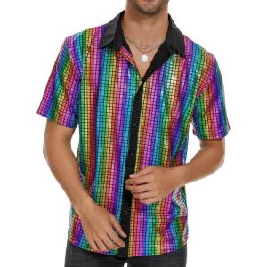 imageMens 70S Disco Outfits Sequin Shirt Short Sleeve Button Down Shirts Party Novelty Shirts Nightclub Christmas Prom CostumeRainbow