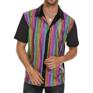 imageMens 70S Disco Outfits Sequin Shirt Short Sleeve Button Down Shirts Party Novelty Shirts Nightclub Christmas Prom CostumeRainbow Lattice