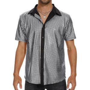 imageMens 70S Disco Outfits Sequin Shirt Short Sleeve Button Down Shirts Party Novelty Shirts Nightclub Christmas Prom CostumeSilver