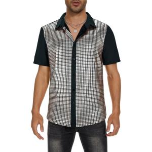 imageMens 70S Disco Outfits Sequin Shirt Short Sleeve Button Down Shirts Party Novelty Shirts Nightclub Christmas Prom CostumeSilver Lattice
