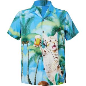 imageMens Hawaiian Shirt Floral Print Aloha Shirt Comfortable Novelty Button Down Shirts Casual Short Sleeve Beachwear for Men1 Coconut Tree Cat