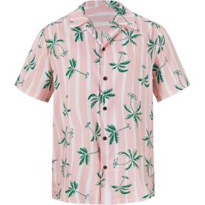 imageMens Hawaiian Shirt Floral Print Aloha Shirt Comfortable Novelty Button Down Shirts Casual Short Sleeve Beachwear for Men2 Pink Striped Palm Trees