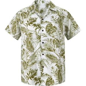 imageMens Hawaiian Shirt Floral Print Aloha Shirt Comfortable Novelty Button Down Shirts Casual Short Sleeve Beachwear for Men2 White Green Leaf