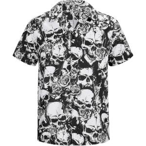 imageMens Hawaiian Shirt Floral Print Aloha Shirt Comfortable Novelty Button Down Shirts Casual Short Sleeve Beachwear for Men3 Skull Flower