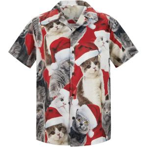 imageMens Hawaiian Shirt Floral Print Aloha Shirt Comfortable Novelty Button Down Shirts Casual Short Sleeve Beachwear for Men4 Christmas Cat