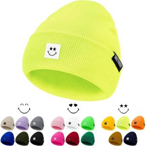 imageAmerican Trends Beanie for Men Women Winter Beanie Hat Cute Smiley Face Beanie Knit Hat Warm Soft Slouchy Beanie SmileyWorldNeonyellow