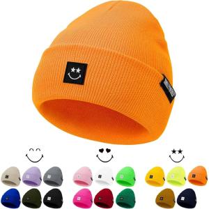 imageAmerican Trends Beanie for Men Women Winter Beanie Hat Cute Smiley Face Beanie Knit Hat Warm Soft Slouchy Beanie SmileyWorldOrangishyellow