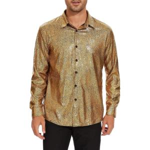 imageAmerican Trends Mens Disco Outfits Shirts Sequins Long Sleeve Metallic Button Down Shirt 70s Outfits for Men Party CostumeGold