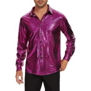 imageAmerican Trends Mens Disco Outfits Shirts Sequins Long Sleeve Metallic Button Down Shirt 70s Outfits for Men Party CostumeHot Pink