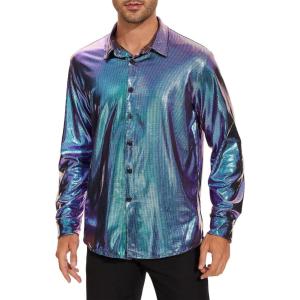 imageAmerican Trends Mens Disco Outfits Shirts Sequins Long Sleeve Metallic Button Down Shirt 70s Outfits for Men Party CostumeShiny Blue Purple