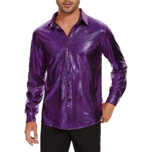 imageAmerican Trends Mens Disco Outfits Shirts Sequins Long Sleeve Metallic Button Down Shirt 70s Outfits for Men Party CostumeShiny Purple