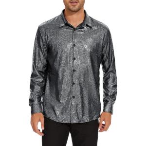 imageAmerican Trends Mens Disco Outfits Shirts Sequins Long Sleeve Metallic Button Down Shirt 70s Outfits for Men Party CostumeSliver