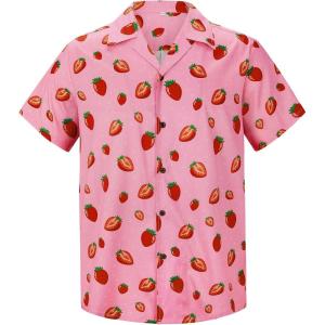 imagePink Hawaiian Shirt for Men Funny Strawberry Short Sleeve Shirt Beach Tropical Vacation Shirt Button Up Aloha Shirt L