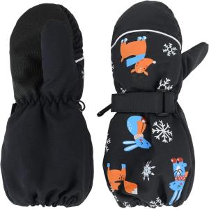 imageAmerican Trends Toddler Winter Mittens Waterproof Boy Ski Gloves Warm Fleece Snow Mitten for Baby Boy Girl Cold WeatherZ Long Cuff Black